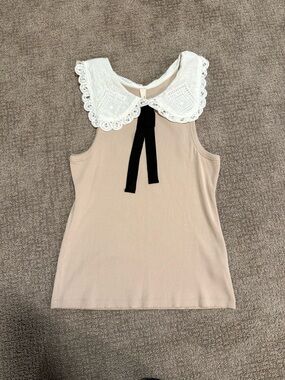 Anthropologie Beige Tank Top with White Lace Peter Pan Collar and Black Bow